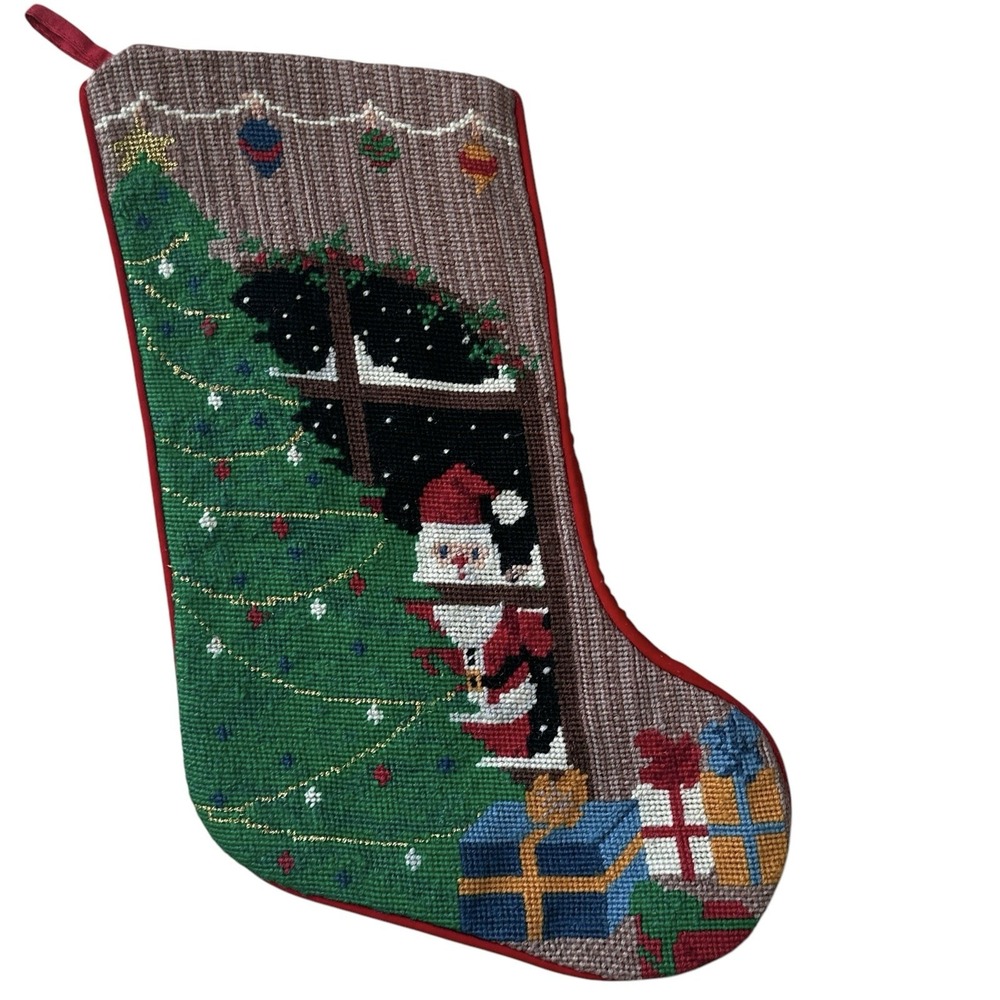 VTG Needlepoint Christmas Stocking 18 Inch Santa Tree Window‎ Wool Red Velvet
